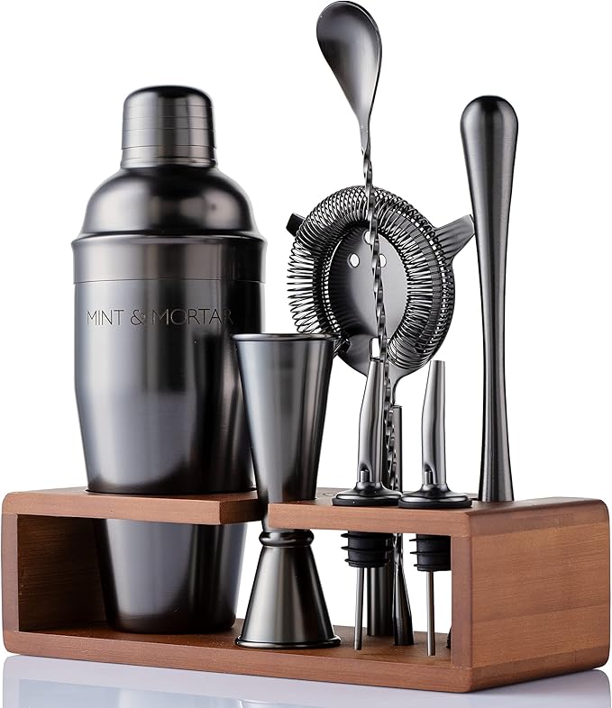 Mint & Mortar Cocktail Shaker Set – 7-Piece Stainless Steel Bartender Kit with Premium Bamboo Stand for Home Bartending - All-in-One Mixology Set for Beginners & Pros (Gunmetal)