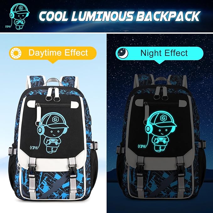 Bevalsa Backpack for Boys, Cool Luminous Backpacks with Lunch Box & Pen Case, School Bags for Kids, Bookbag for Children Teens for Elementary Middle School Student with USB Charging Port (Music)