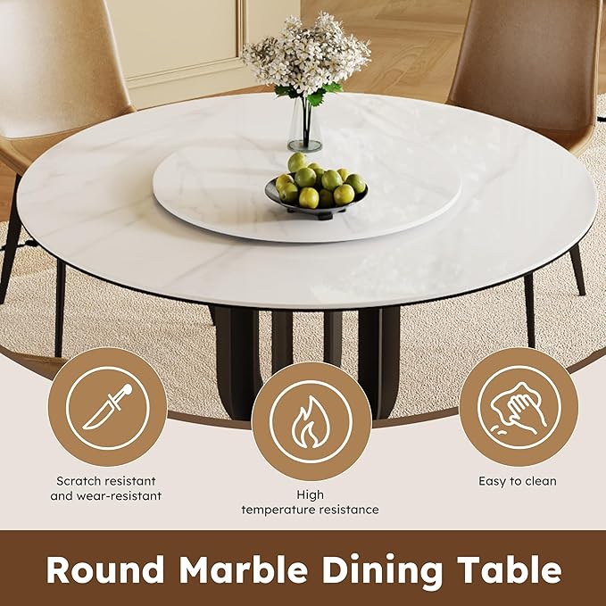 Dining Table Set with 4 Chairs, 59" Round Modern Marble Dining Table with Lazy Susan, Sintered Stone Top for Kitchen, Dining Room, Dinette