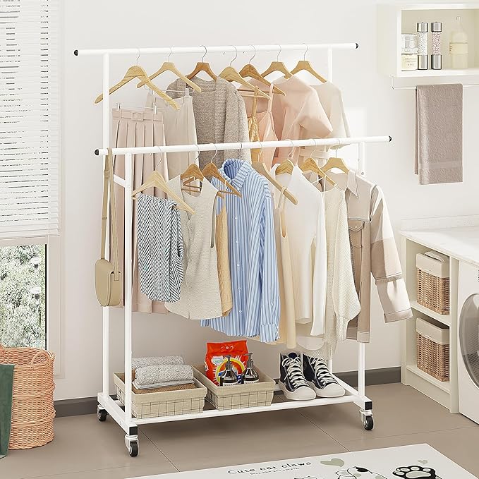 Calmootey Double Rod Clothing Garment Rack,Rolling Hanging Clothes Rack,Portable Clothes Organizer for Bedroom,Living Room,Clothing Store,White
