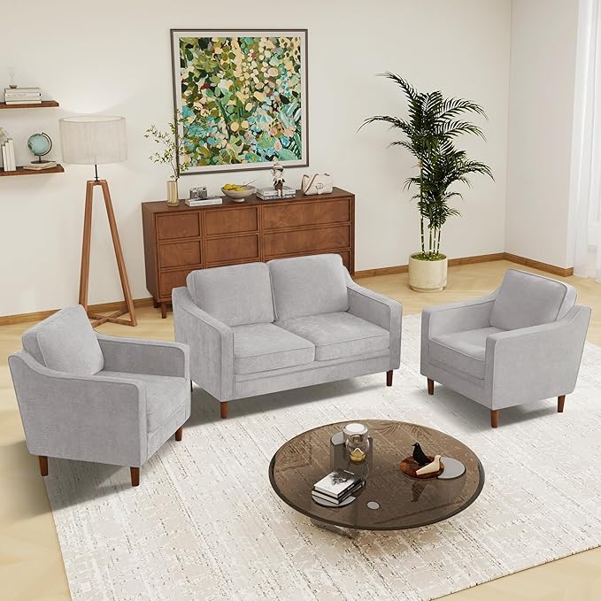 Kingfun Living Room Furniture Sets, 2 Armchair and Loveseat, Mid Century Modern Sofa Set, Chenille Couch with Solid Wood Frame for Living Room & Bedroom, Silver Gray