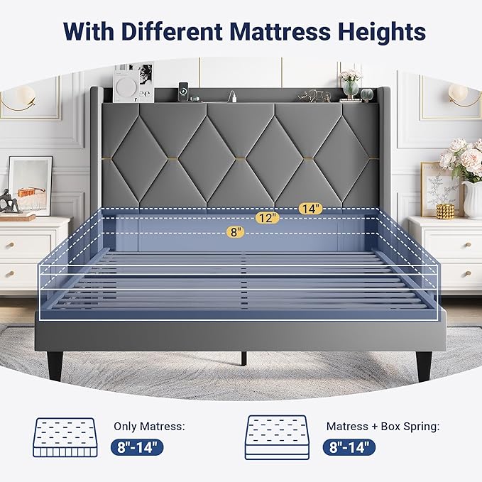 Allewie Velvet Full Size Upholstered Bed Frame with Wingback Storage Headboard & Charging Station, Platform Bed with Diamond Tufted Design & Gold Trim, No Box Spring Needed, Easy Assembly, Grey