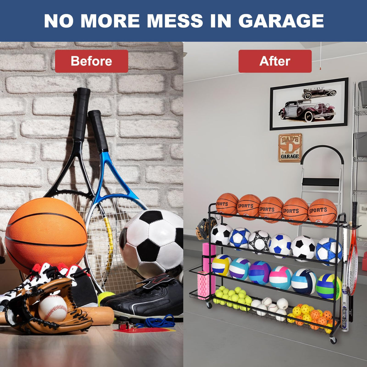 ELKCIP Basketball Rack, Shooting Training Rolling Ball Stand, Garage Organizer with Wheels, 4-Layer Sports Equipment Storage Holder with Baskets and Hooks for Soccer Baseball Footballs Volleyball