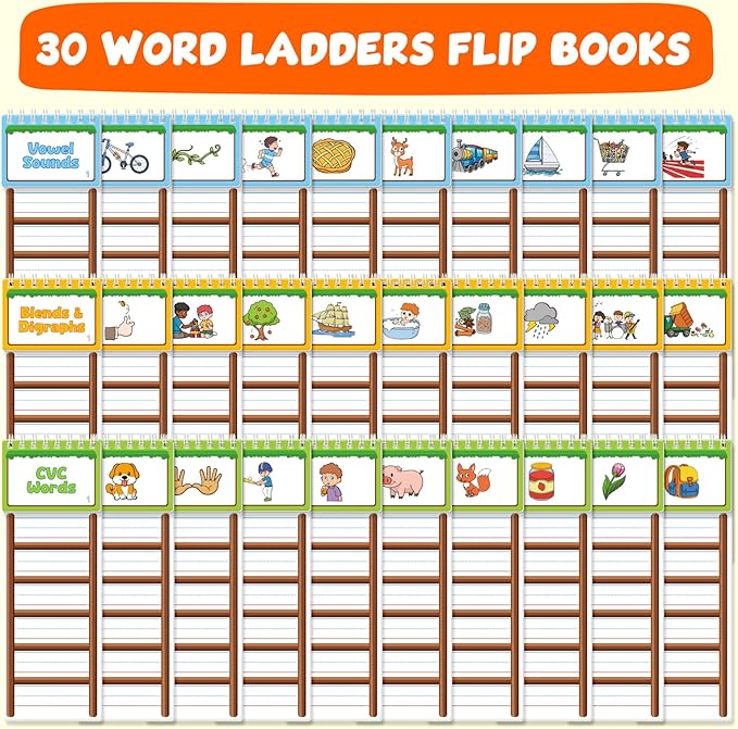 30 Word Ladder Flip Books,Phonics Flash Cards,Word Ladders Word Family Build Book,Sight Words Reading Spelling Games Phonics Flip Books for Kids Classroom Homeschool Preschool Learning Activity