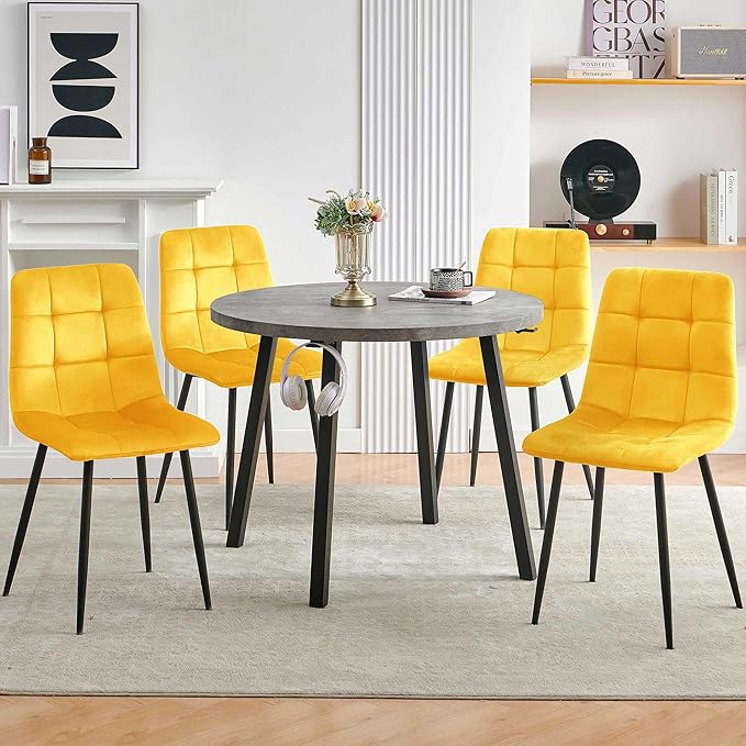 Modern Kitchen Table Set with 4 Chairs, Grey Faux Wood Table with Hooks, Upholstered Velvet Yellow Dining Chairs for Restaurant, Dining Room
