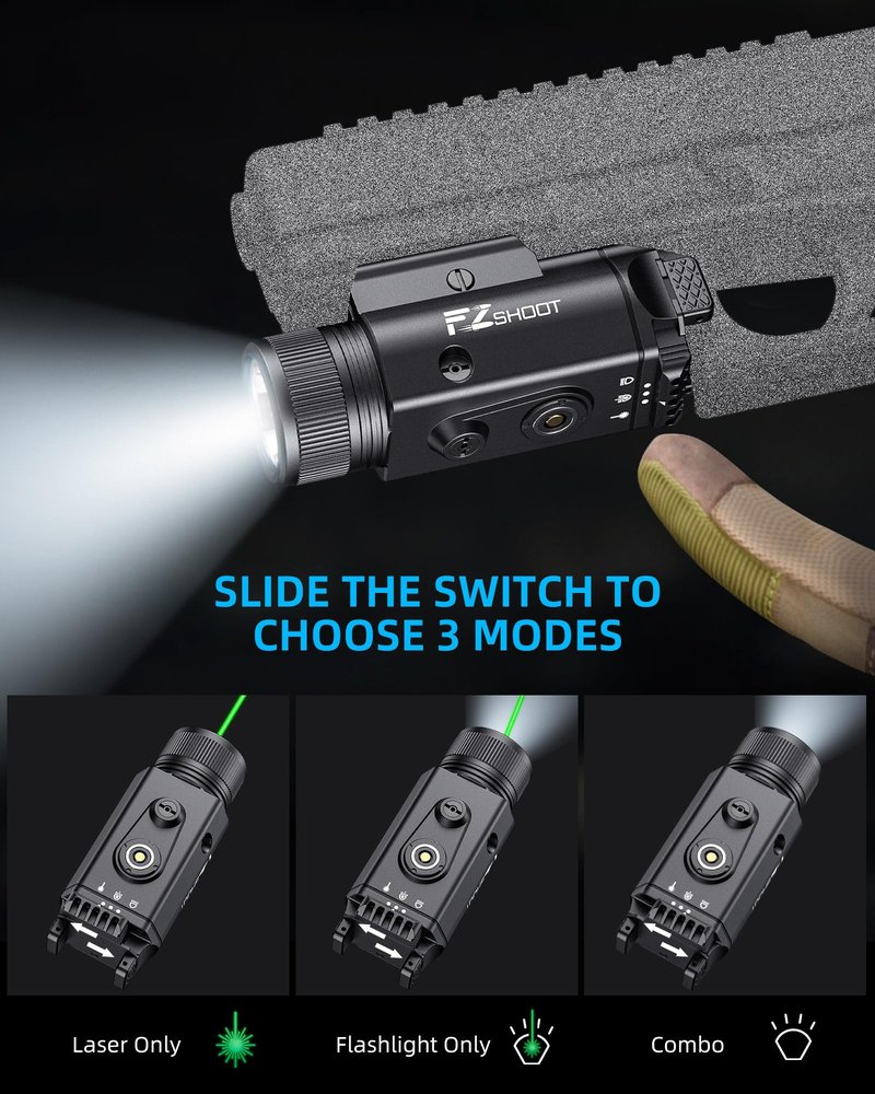 EZshoot 2400 Lumens Laser Light Combo with Strobe Mode, High Lumen Pistol Flashlight, Magnetic Rechargeable Green Laser Light with Quick Install Adjustable Slide Rail for Picatinny GL Rail