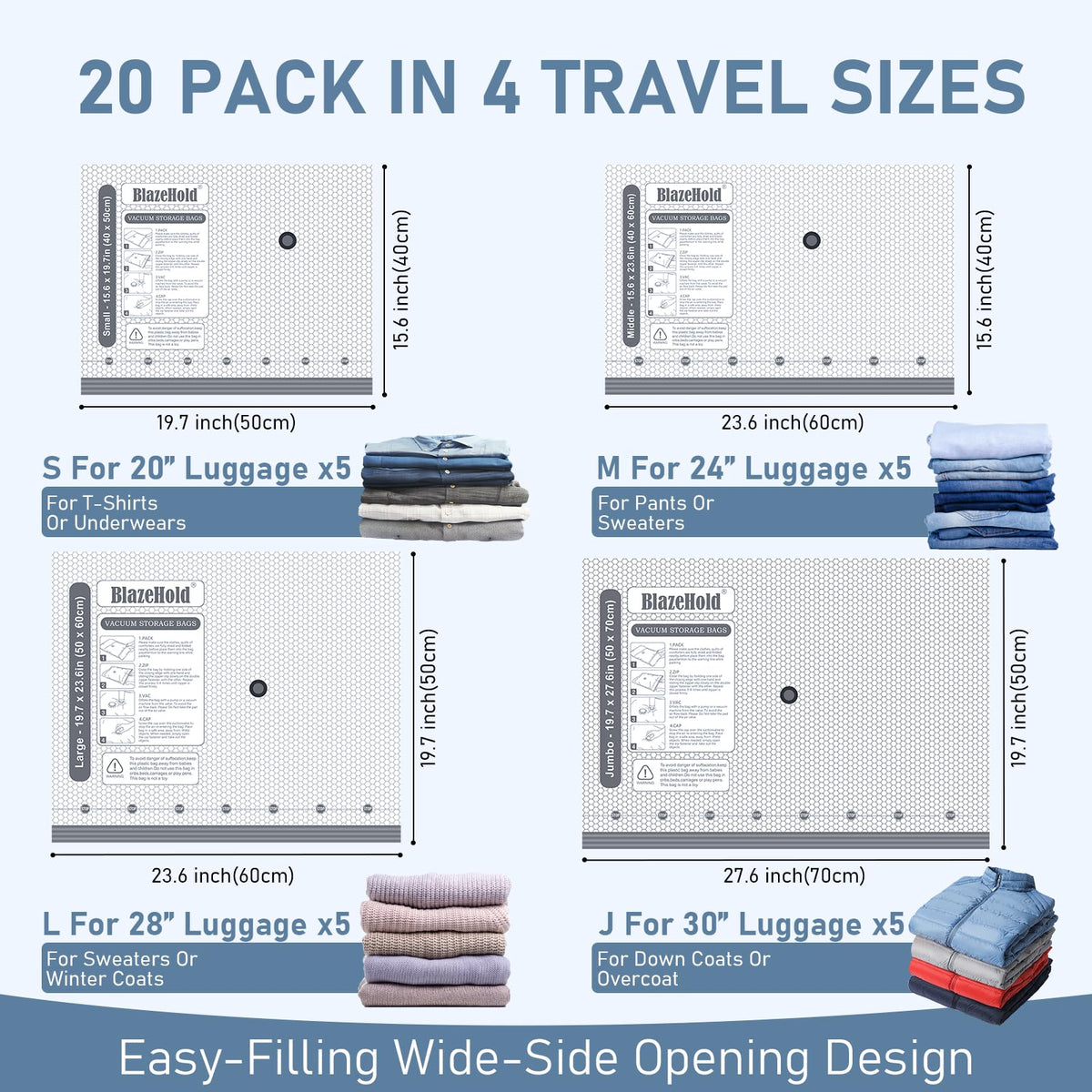 BlazeHold Travel Vacuum Storage Bags with Rechargeable Cordless Pump, 20 Pack 4 Sizes Compression Packing Bag Set for Luggage, Thickened Vacuum Seal Bags for Clothing, Triple-Zipper Sealer Upgrade