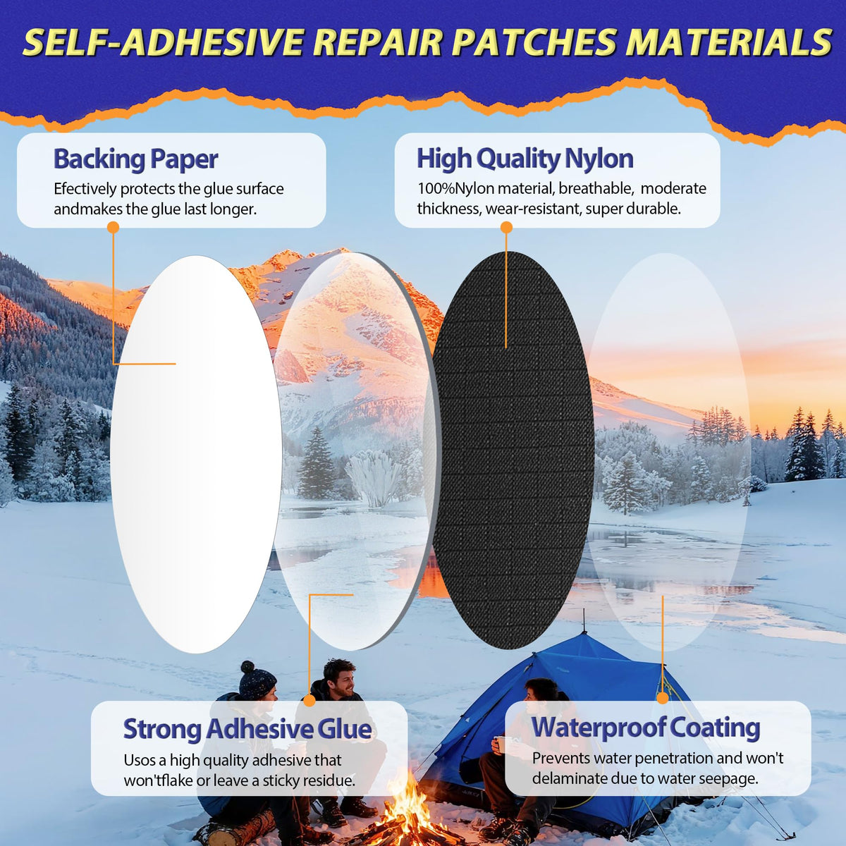 umaini Down Jacket Repair Patch Kit, Outdoor Gear Tenacious Repair Tape, Self Adhesive Fabric Patches for Clothes, Waterproof Ripstop Nylon Fabric Patch for Puffer Jacket, Coat, Tent (18 Pcs, Yellow)