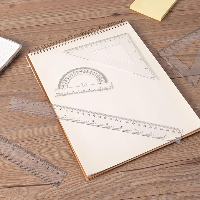 6-Piece Clear Math Geometry Set with 12-Inch and 6-Inch Rulers, 2 Triangles, 2 Protractors