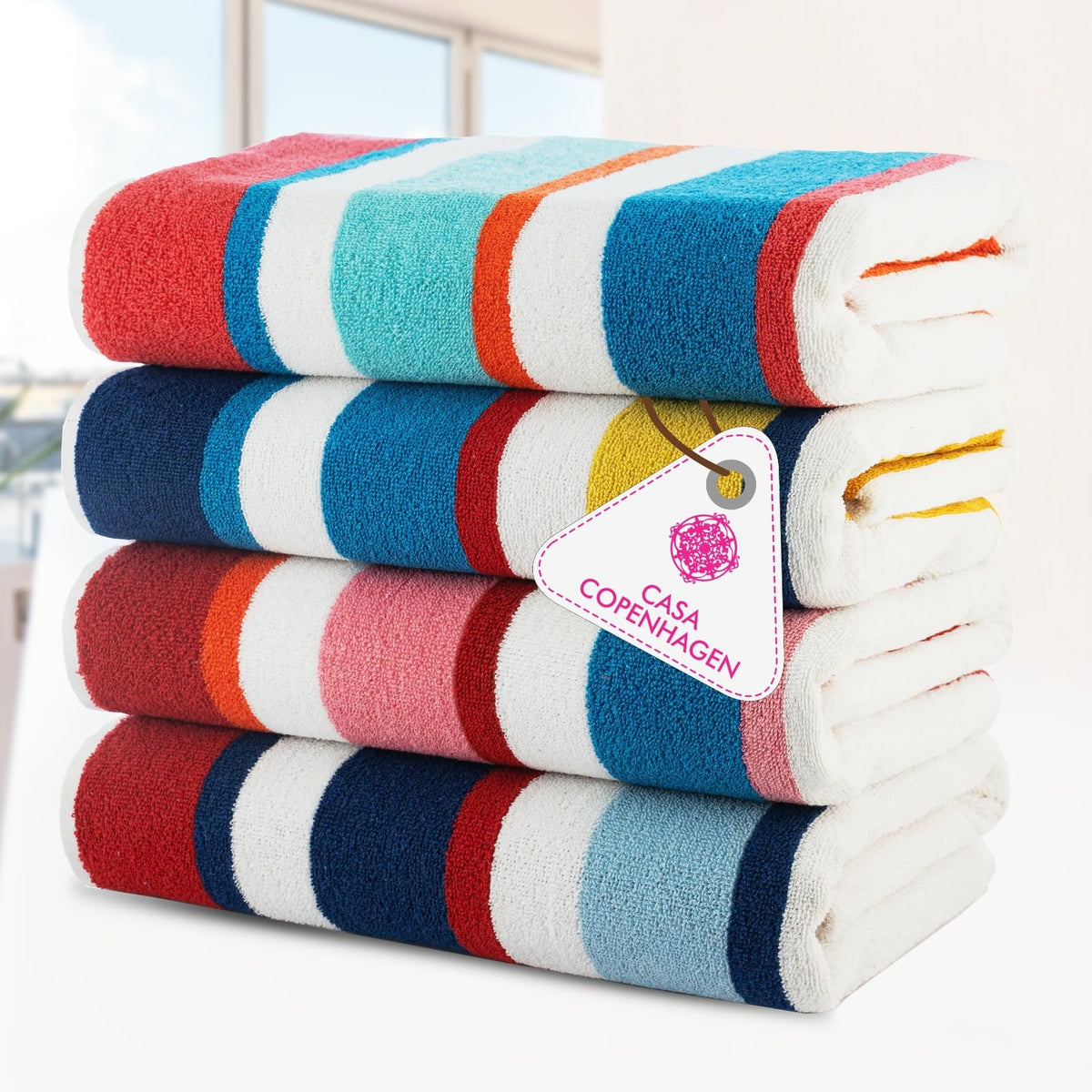 Casa Copenhagen Bora Bora Towels 4Pcs Yellow, Teal, Pink, Red Designer Stripe Beach Towels Gift Set, 30"x 60" Oversized 100% Cotton Pool Towels, Bath Towels for Beach (Summer Gift Set For Women & Men)