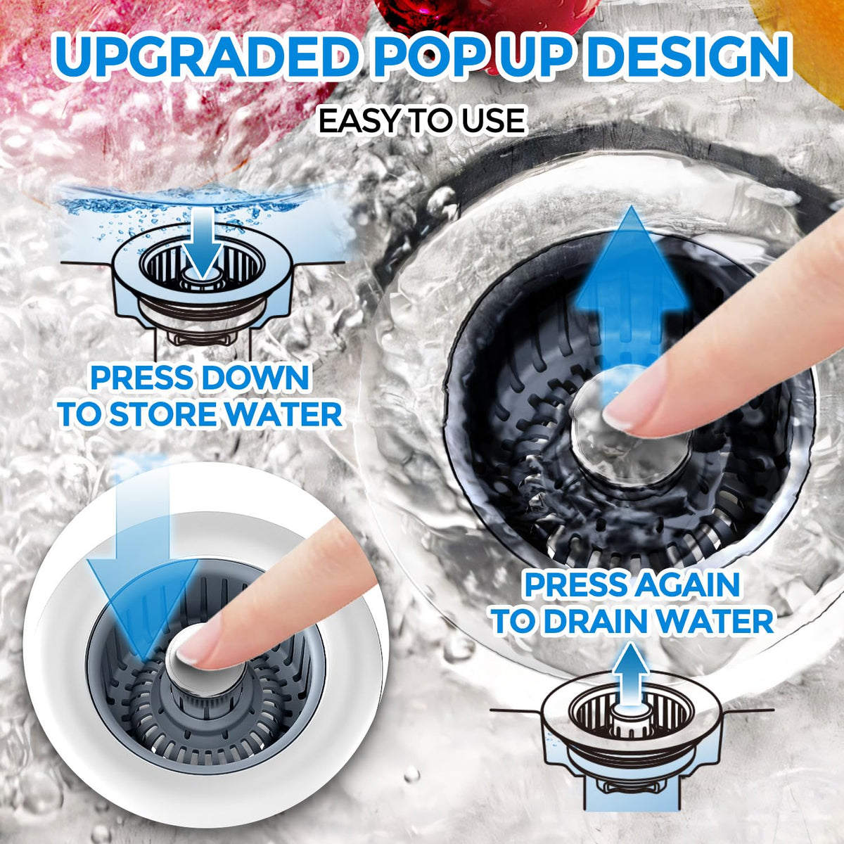 zaa 2 Pack Sink Drain Strainer, Sink Stopper, 3 in 1 Stainless Steel Kitchen Sink Drain Strainer with Anti-Clogging Basket, Fit US Standard 3-1/2 Inch Drain Hole