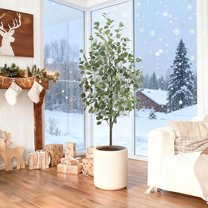 2Packs Faux Eucalyptus Tree 5FT Tall Artificial Eucalyptus Tree Indoor Outdoor, Fake Eucalyptus Plant with Green Silver Dollars Silk Leave, Fake Floor Plants, Present for Friend Housewarming Decor