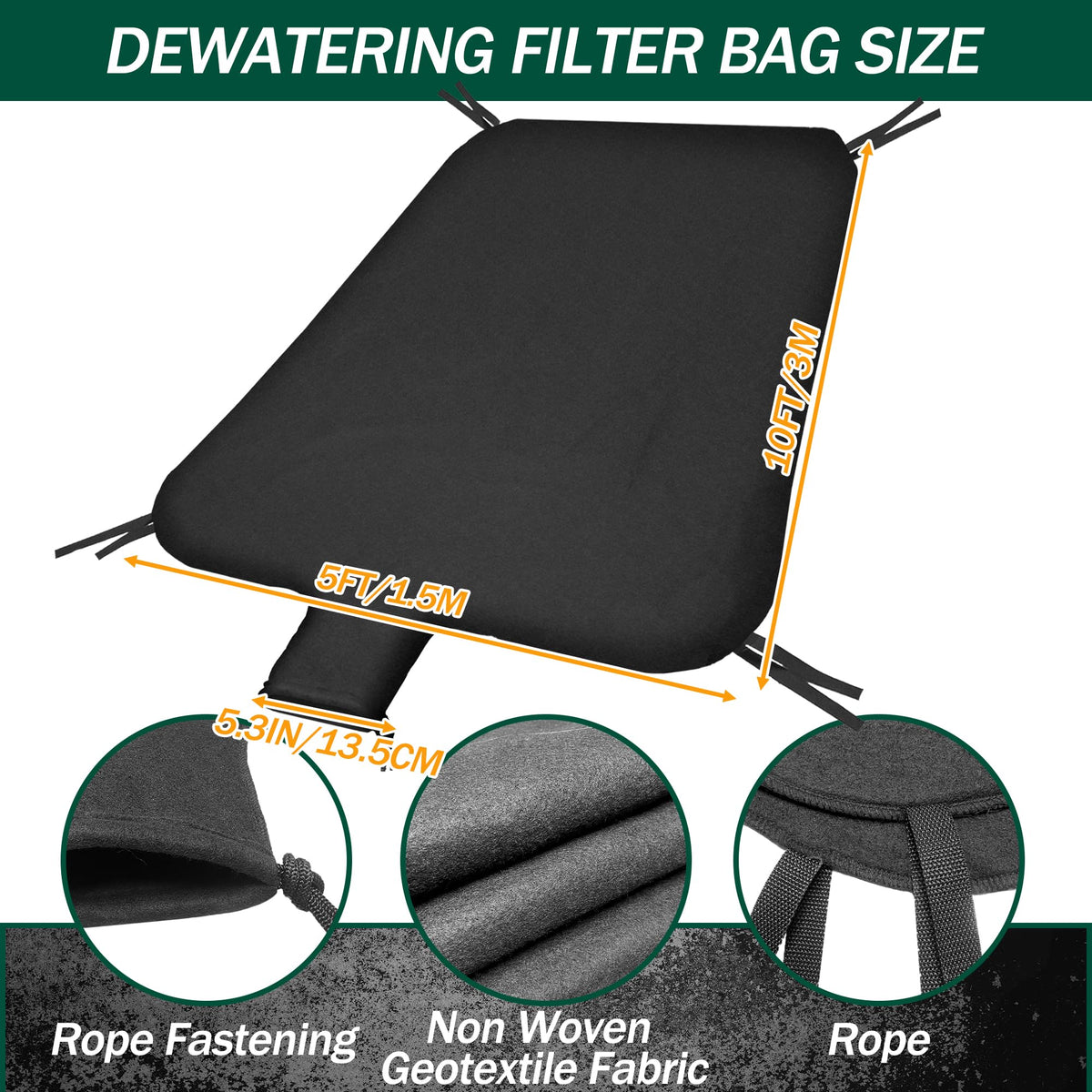 5 x 10ft Dewatering Bags with Drawstring Extra Large Dewatering Filter Bag Silt Oil Sludge Sediment Filter Bag Non Woven Geotextile Fabric Filter Bags for Construction Sites Dredging