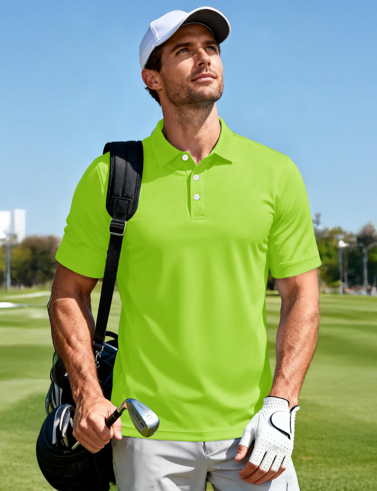 MAGCOMSEN Polo Shirts for Men Dry Fit Lightweight Active Golf Polos Short Sleeve Moisture Wicking Collared Shirt Fluorescent Green