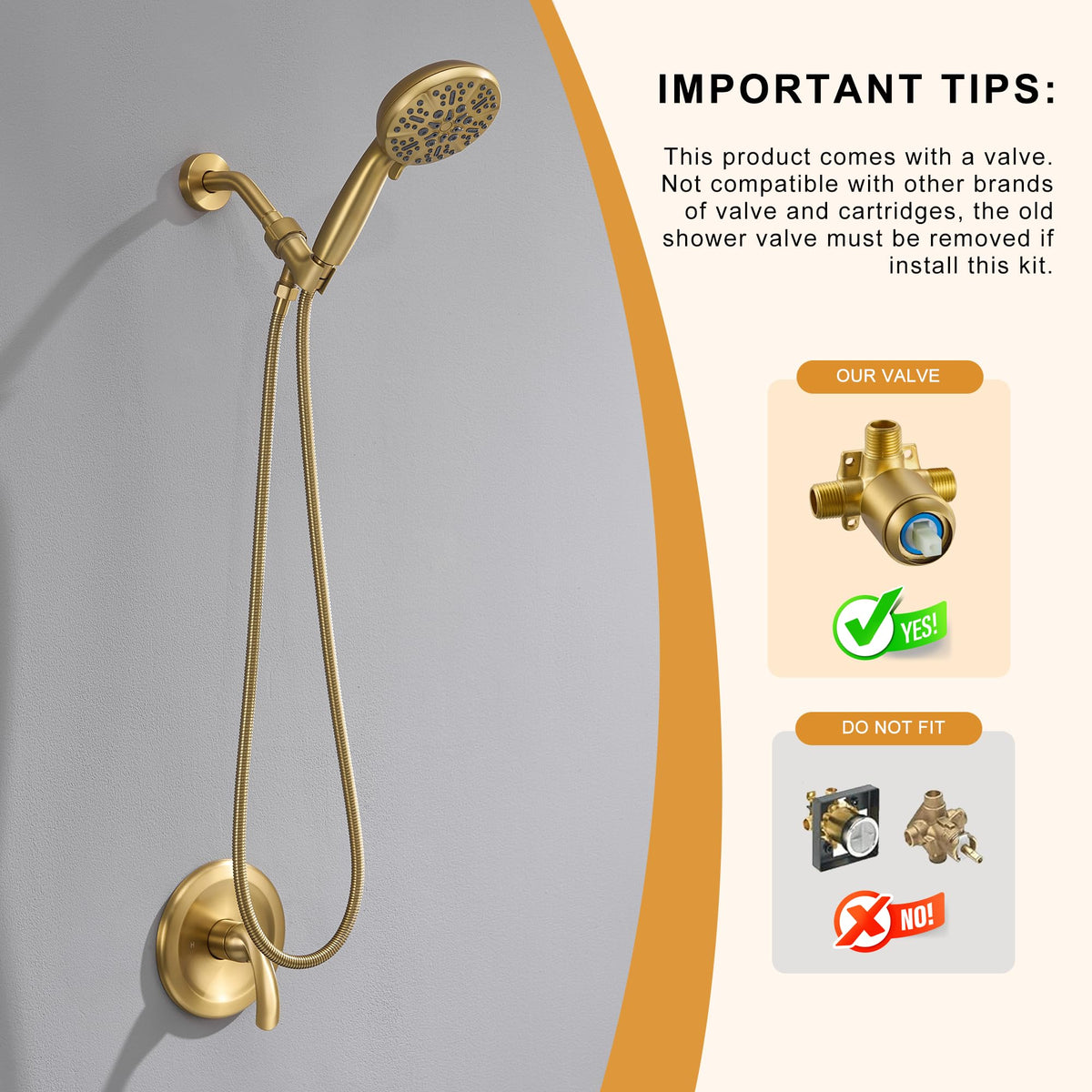 BRAVEBAR Single-Handle Gold Shower Faucet Set - Brushed Gold Shower Head and Handle Set, Shower Trim Kit with 7 Modes Handheld Shower Head System, Faucet Shower Fixtures with Valve Included