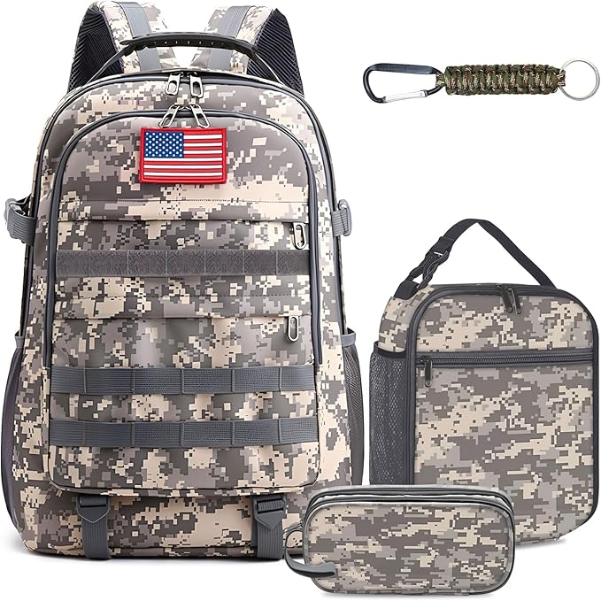 School Backpack for Boys - Camouflage Boys Backpack for Kids Teens Elementary Middle School - 4pcs Camo Students Bookbag with Lunch Box and Pencil Case & Key-chain,18″ Bookbag with Usb Charging Port