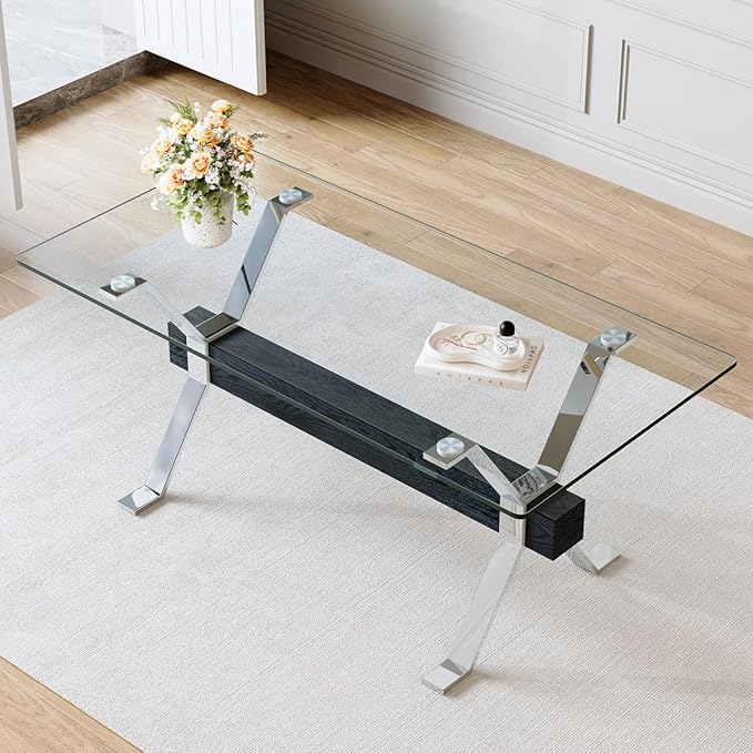 Glass Dining Table 71"｜Modern Dining Table for 6-8｜0.4" Thick Tempered Glass Top｜Chrome Silver Metal Legs｜Black Crossbar｜Easy Assembly｜Perfect for Dining Room or Kitchen