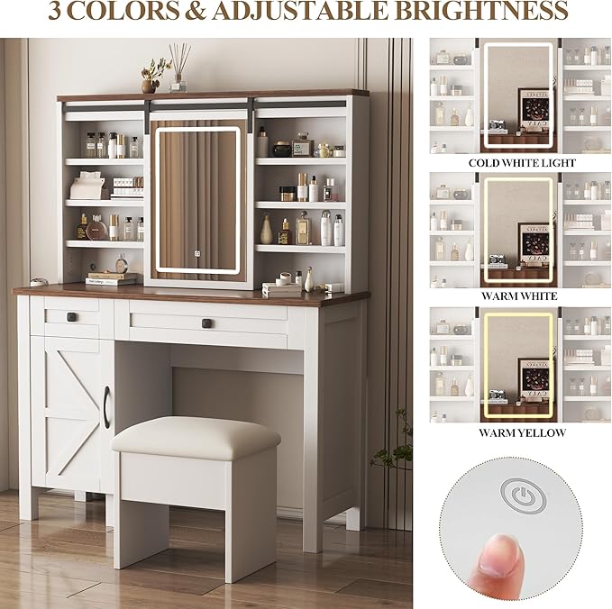 Makeup Vanity Desk with Sliding Mirror and Lights, Dressing Table Set with Hairdryer Holder, Storage Shelves and Drawers, Large Vanity with Stool (Includes Upholstery &Storage Space) for Bedroom
