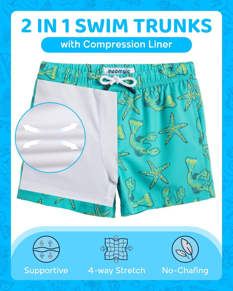 maamgic Boys Swim Trunks with Compression Liner Toddler Boy Swimsuit Quick Dry 4-Way Stretch Swimming Trunks Sea World Light Green 7 Years