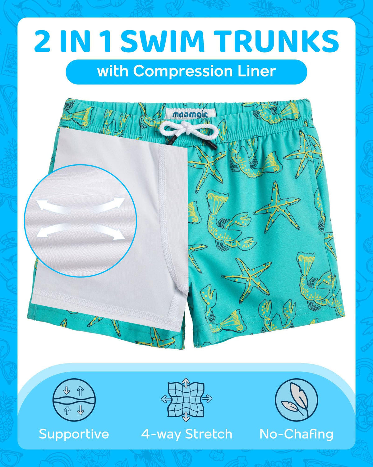 maamgic Boys Swim Trunks with Compression Liner Toddler Boy Swimsuit Quick Dry 4-Way Stretch Swimming Trunks Sea World Light Green 8 Years
