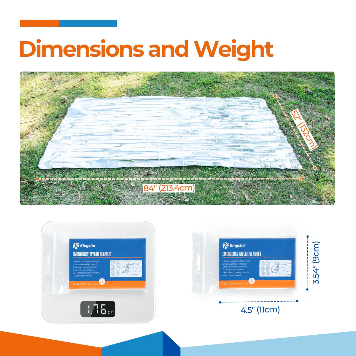 Emergency Blankets 4 Packs, 84" L x 52" W, Reusable Mylar Thermal Blankets for Survival Gear, Ideal for Camping, Hiking & First Aid, Retains 90% Body Heat in Cold, Snow & Winter Emergencies