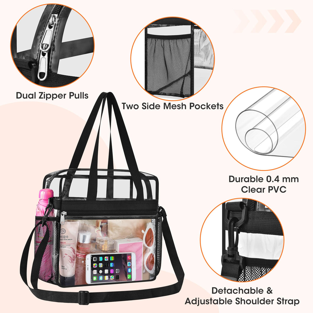 Oraben Clear Tote Bag Clear Bag Stadium Approved 12x6x12 Stadium Bag for Work, Sports Games,Gym Black,One Pocket