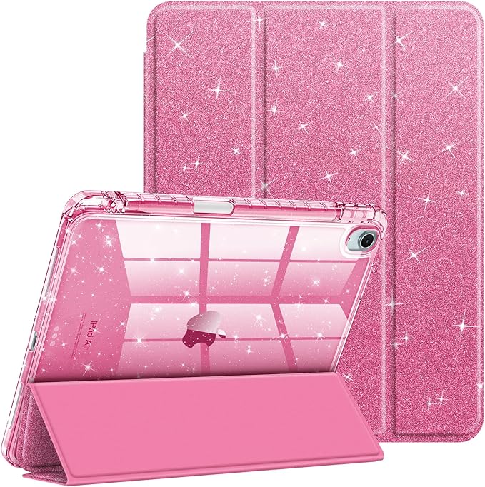 Fintie Slim Case with Pencil Holder for iPad Air 11-inch M4/M3/M2 (2026/2025/2024), iPad Air 5th (2022) / 4th Generation 10.9 Inch - Glittering Sparkly Cover with Shiny Clear Back Shell, Pink