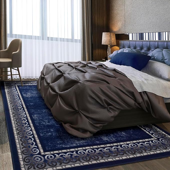 Antep Rugs Alfombras Bordered Modern 4x6 Non-Slip (Non-Skid) Low Pile Rubber Backing Indoor Area Rug (Navy, 4' x 5'8")