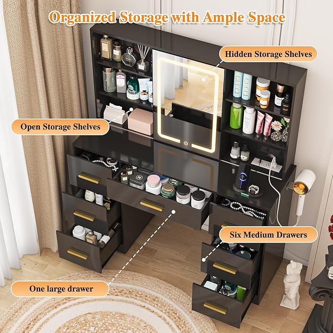 47'' W Large Vanity Desk with Mirror and Lights, 8 Storage Shelves 7 Drawers Vanity Table, Big Makeup Vanity Desk with 3 Lighting Modes, Vanity Dresser with Charging Station, Sliding Mirror (Black)
