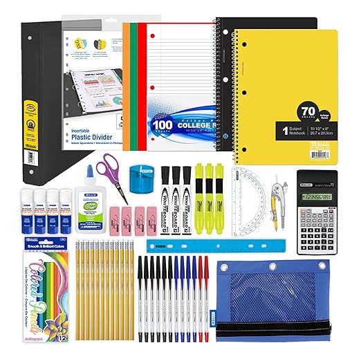 BAZIC PRODUCTS Middle & High School Kit Supply Box, 65-Count Student Set for Grades 7–12, Complete School Supply Kit with Middle School Supplies, Organized Supply Box for Highschool, 1-Pack