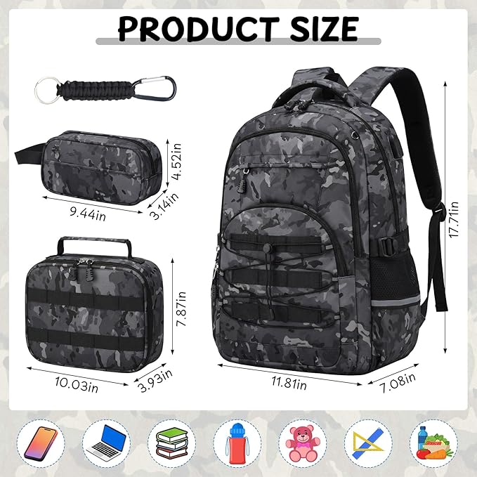 School Backpacks for Boys - 4pcs Camo Boys Backpacks with Lunch Box Set for Kids Teens Elementary Middle School, 18″ Large Capacity Students Bookbag, Perfect for Travel