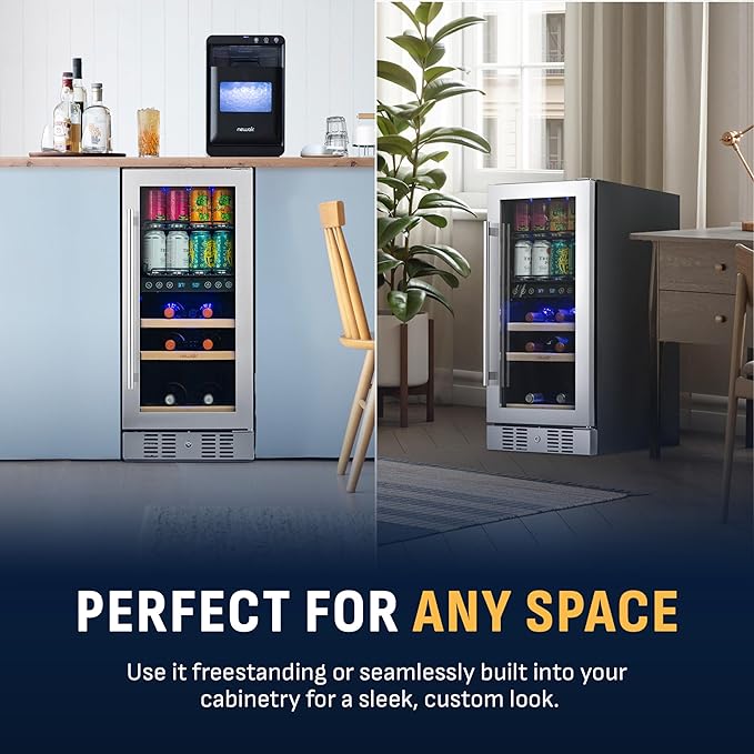 NewAir 15" Dual Zone Beverage Refrigerator & Wine Cooler for 9 Bottles & 48 Cans | Freestanding or Built-In Under Counter Mini Fridge for Beer, Wine and Soda | Stainless Steel