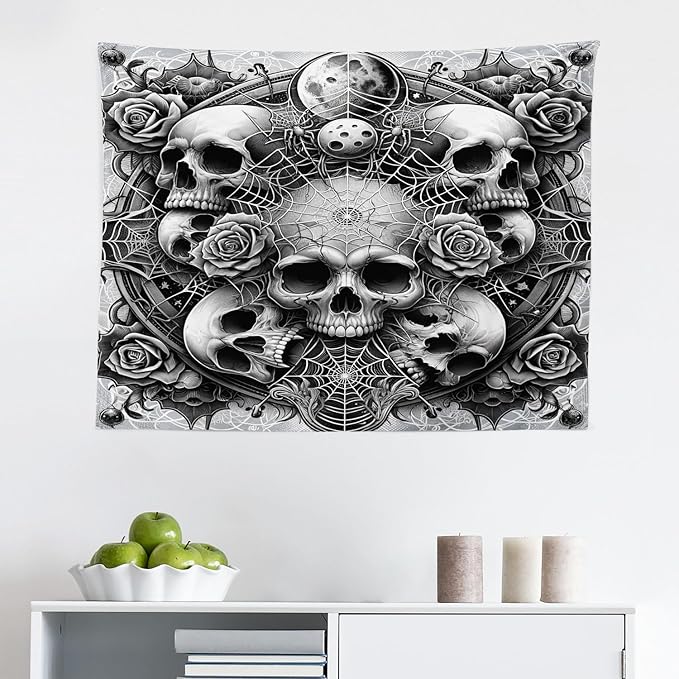 Ambesonne Gothic Tapestry, Dark Tone Neo Spooky Vampire Skulls with American Traditional Roses, Fabric Wall Hanging Decor for Bedroom Living Room Dorm, 28" X 23", Pale Grey Dark Grey White