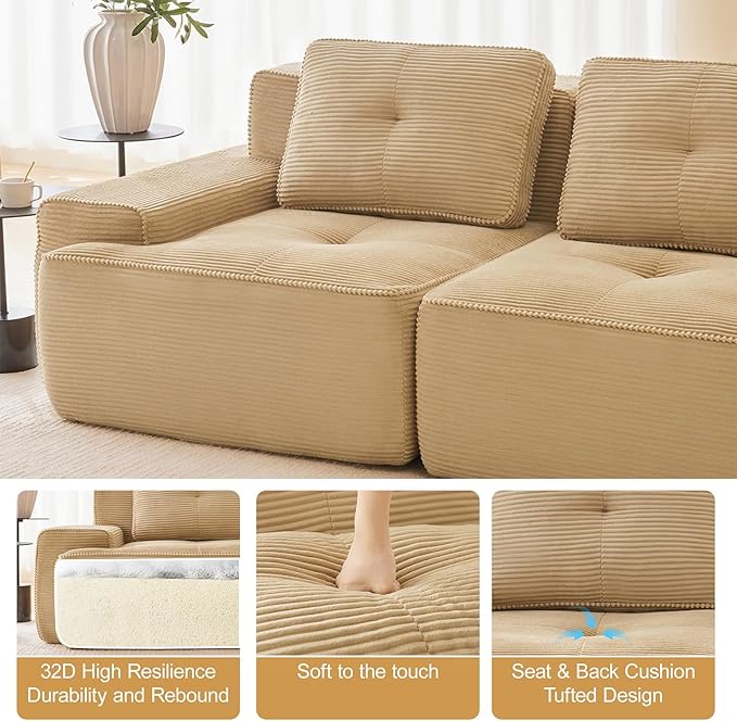 150" Modern Compressed Boneless Couch with Ottoman, 4 Seater Large L Shaped Sectional Couches for Living Room, Camel Corduroy Cloud Modular Sectional Sofa, Memory Foam, Extra Deep, No Assembly