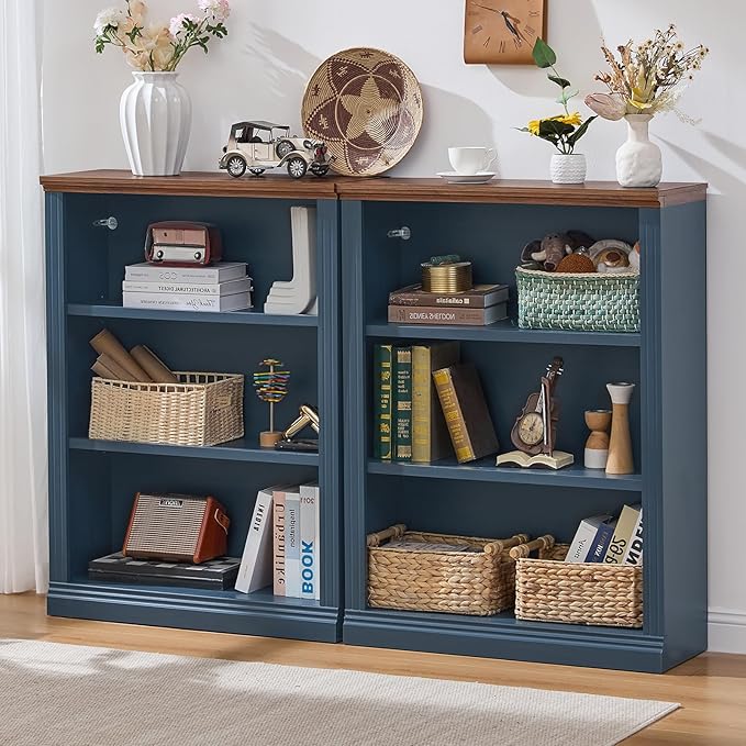 43" Blue Tall Bookshelf Set of 4,3-Tier Thick Wooden Book Shelf with Adjustable Shelves,Free Standing Farmhouse Bookcase with Open Display Storage,Floor Vintage Bookshelves for Living Room