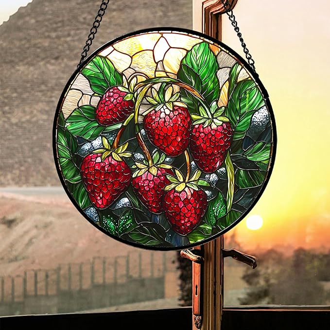 Stained Glass Suncatcher, Red Strawberry Green Leaf Sun Catcher Silver Background Stain Glass Window Hanging Decoration Mother's Day Birthday Gifts for Women Men Mom Nana 15 in