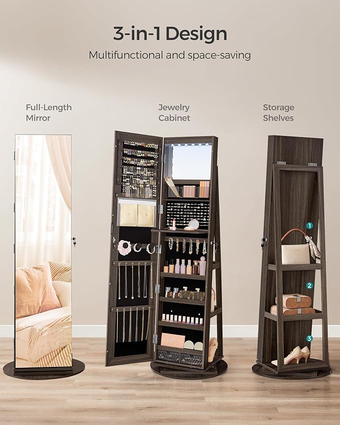 SONGMICS 6 LEDs Lockable Mirror Jewelry Cabinet, 360° Swivel Jewelry Organizer Armoire Standing, Frameless Full-Length Mirror, 3 Storage Shelves, Ash Brown Surface, Black Lining UJJC007K02