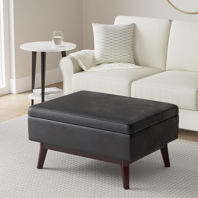 SIMPLIHOME Owen Coffee Table Storage Ottoman - 34 inch Wide Upholstered Vegan Leather Rectangular Lift-Top Ottoman in Distressed Black, Mid-Century Modern Bench for Living Room with Tapered Legs