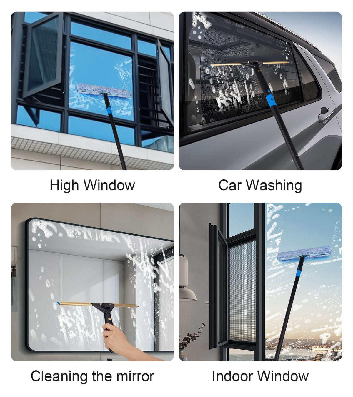 Swivel Squeegee Kit with 4 Extension Poles,Glass Scraper, Bendable Duster, 2 Window Scrubber Cloth for Glass, Car, Floor, Home,Garden