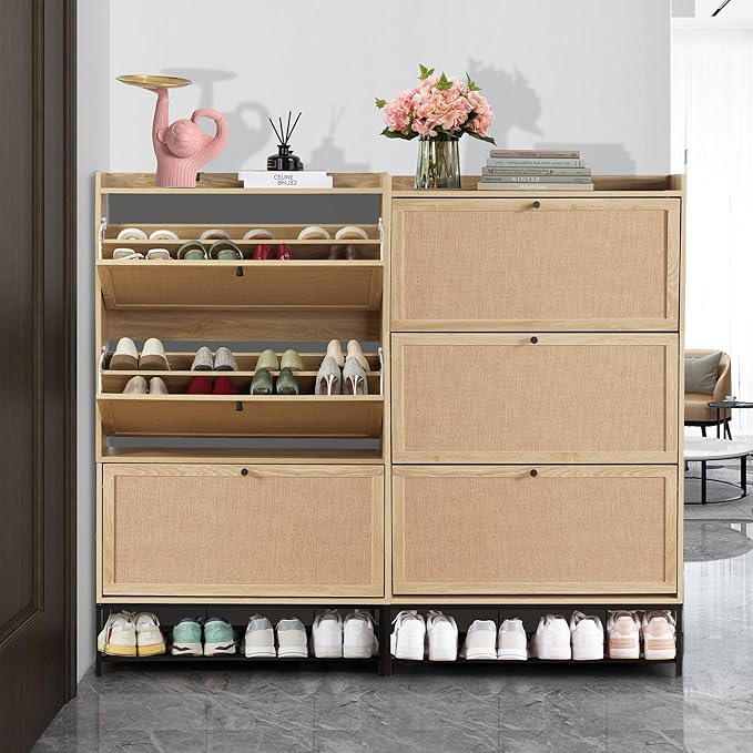 LEVNARY Shoe Cabinet for Entryway, Slim Shoe Cabinet with 3 Flip Drawers Narrow Shoe Storage Cabinet, 4 Tier Freestanding Shoe Organizer for Entryway, Hallway (2, Natural Oak)