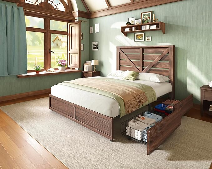 AMERLIFE Full Size Farmhouse Bed Frame with 4 Drawers, Wooden Storage Bed Frame with Headboard and Heavy Duty Metal Slats, Noisy Free, Easy Assemble, Rusric Brown