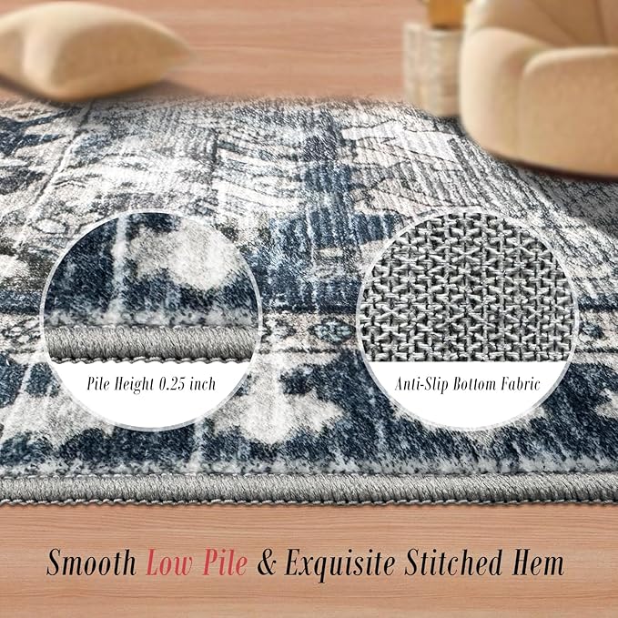 RUGSURE Washable Area Rugs - Perfect for Living Room, Bedroom, Kids Room, Nursery - Stain & Water Resistant Non-Slip, Pet & Child Friendly, Vintage Tribal Area Rugs (Grey and Blue, 3' x 5 ')