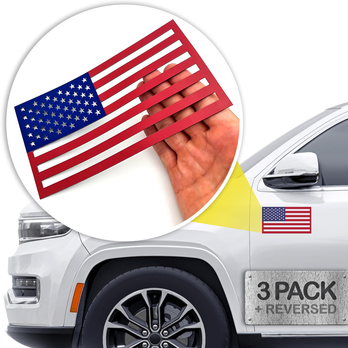 Premium American Flag Magnets for Trucks and Cars (3 Pack) + Bonus Reverse Design | Magnetic US Flags Cut-Out | Powerful Magnet - Will Never Fall Off Your Vehicle | Red & Blue | Not for Aluminum Cars