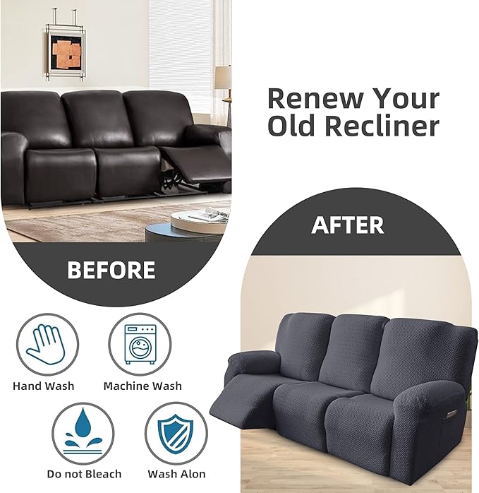 Genina Recliner Sofa Covers - Stretch Reclining Couch Covers with Stripe Jacquard - 3 Seat Cushion Slipcovers with Soft Fabric - Furniture Protector for Pet Kid (Dark Gray)