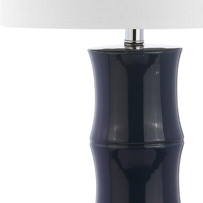 JONATHAN Y 26.5" Navy Blue Ceramic Table Lamp for Living Room, Bedroom Nightstand, White Linen Drum Shade, Bamboo Design Modern Bedside Desk Lamp with LED Bulb Included JYL3015A