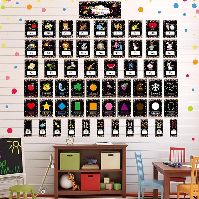 58 Pieces Educational Preschool Cards Kids Early Learning Poster Alphabet Number Colors and Shapes Bulletin Board Decoration Kindergarten Classroom Learning Card with Glue Point Dot (Cool Style)