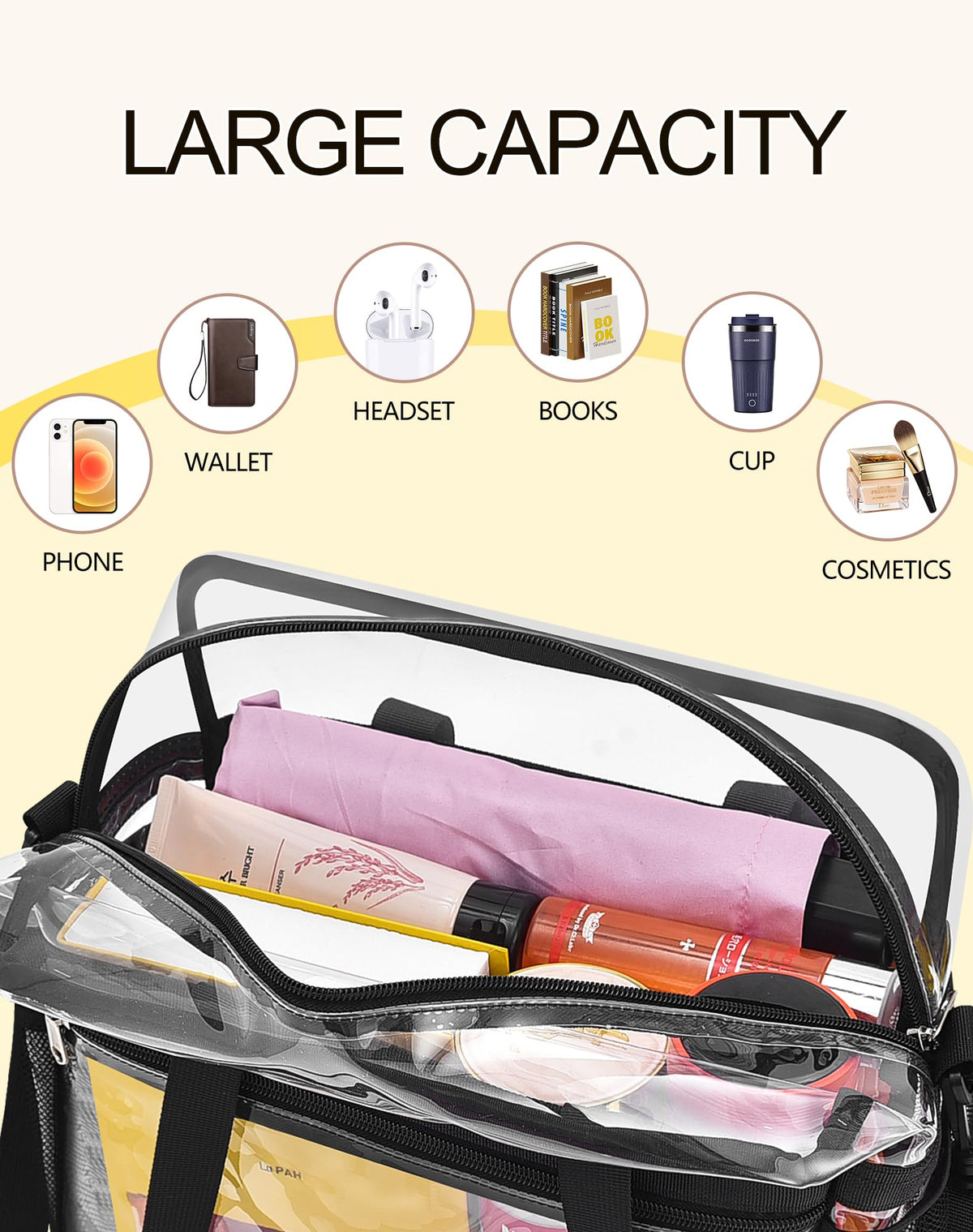Lyingflat Clear Bag for Stadium Events Founctional 12x6x12 Stadium Approved Clear Tote Bag with Adjustable & Detachable Strap Black