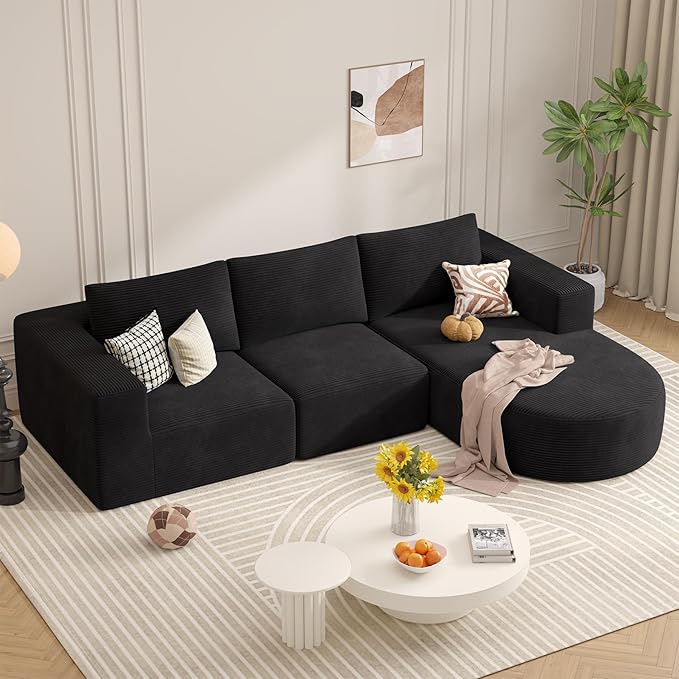 Modular Sectional Sofa with L-Shape Chaise,Cloud Sectional Modern Sleeper Couch with Deep Seat,Sponge Compression Sofas No Assembly Required(Black-Corduroy Fabric) 1PCS