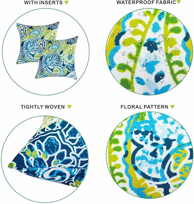 Outdoor Pillows, Pack of 2 Waterproof Decorative Throw Pillows with Inserts, 18”x18” Square Pillows for Bed, Couch, Sofa and Patio Furniture