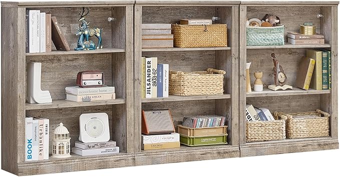 43" Grey Tall Bookshelf Set of 3,3-Tier Thick Wooden Book Shelf with Adjustable Shelves,Free Standing Farmhouse Bookcase with Open Display Storage,Floor Vintage Bookshelves for Living Room
